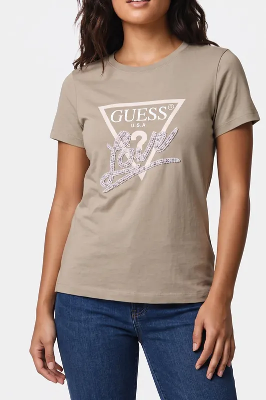 GUESS Ss Cn Pearls Love Tr Sage Leaf Maat: L | Tops Outlet | Dames | Bruin