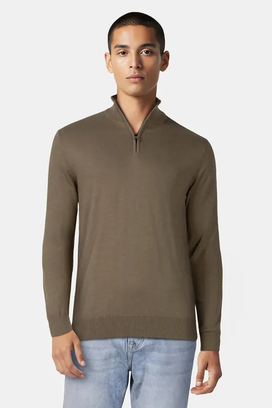 French Connection Cotton Half Zip Khaki Mel Maat: M | Sweaters Outlet | Heren | Bruin