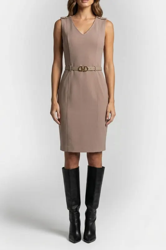 GUESS Marciano By  Masha Belted Dress Silk Taupe Maat: 46 | Midi Jurken Outlet | Dames | Beige