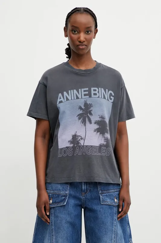 Anine Bing CADE TEE PALMS - WASHED GREY T-shirt bawełniany damski