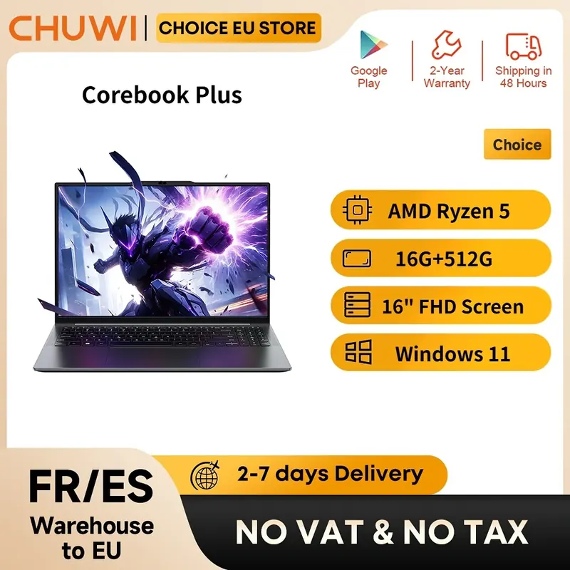 CHUWI CoreBook Plus 16-calowy laptop AMD Ryzen 5 do 4.0GHz, ekran FHD, 16GB RAM, 512GB SSD, metalowa obudowa, notebook z chłodzeniem