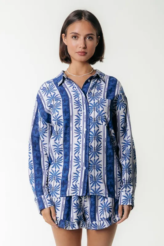 Colourful Rebel Talia Palm Dropped Shoulder Blouse Bright Blue Maat: XS | Overhemden Outlet | Dames | Blauw