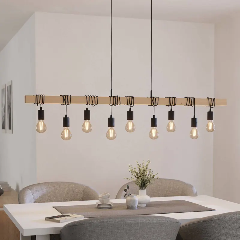 Lampa wisząca Townshend, długość 150 cm, czarny/drewno, 9-punktowa.