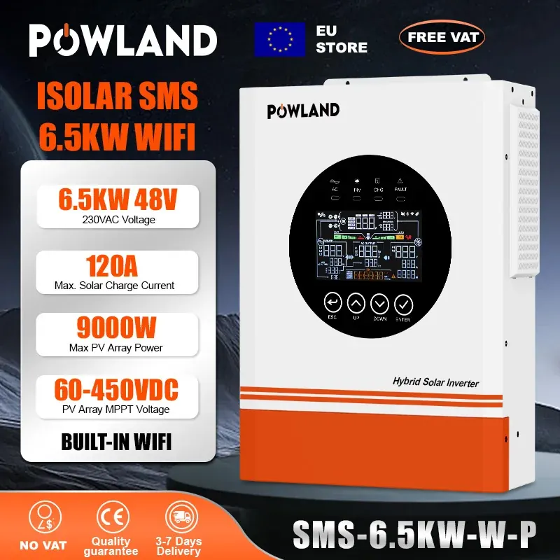 POWLAND 6.5KW Hybrydowy Inwerter Solarny 48V 230V Czysta Sinusoida MPPT 120A System Off-Grid Niezależność Energetyczna Bez Baterii Tryb Bez Baterii WIFI BMS