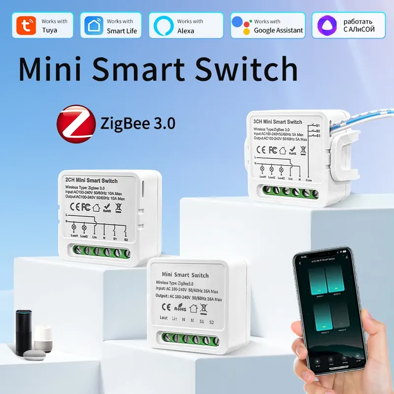 Moduł inteligentnego włącznika światła Zigbee 3.0 Tuya Smart Life 1CH/2CH/3CH, kompatybilny z Alexa, Google Home, Yandex, do samodzielnego montażu, zdalne sterowanie, opóźnienie, 100-240V