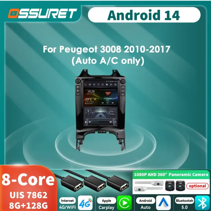 9.7" Radio samochodowe Android 14 Autoradio do Peugeot 3008 2010-2017 Carplay Android Auto multimedia GPS Kamera 360 BT RDS SWC Ekran