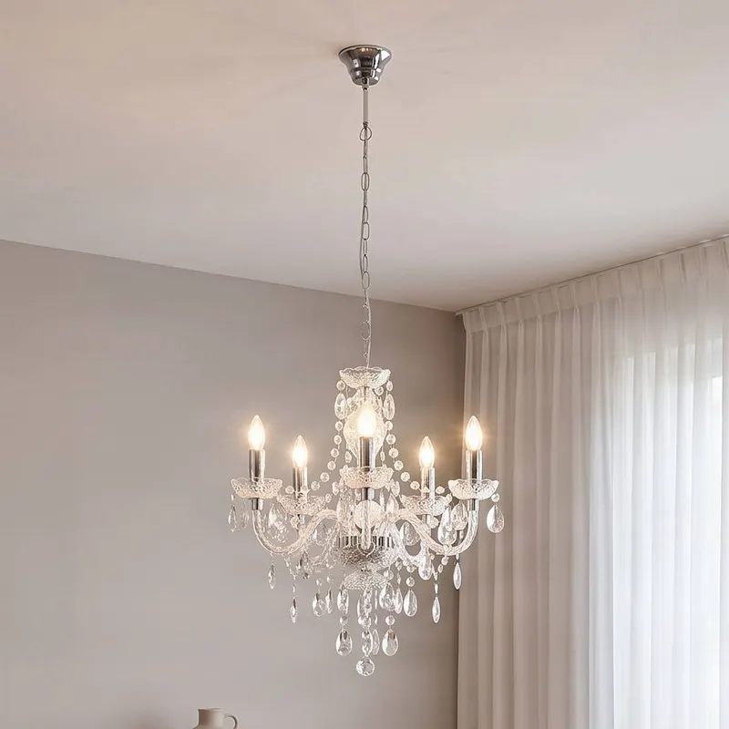 Żyrandol Lindby Merida, chromowany, metalowy, 5-punktowy, Ø 52 cm