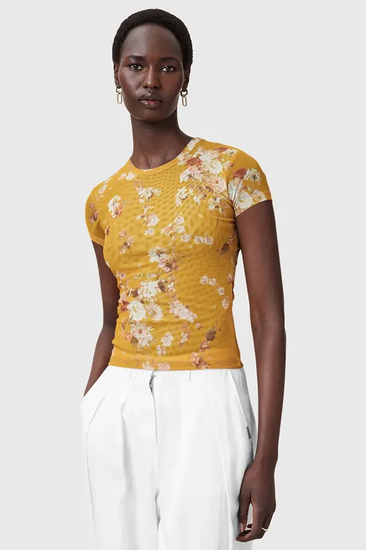 AllSaints Ellie Mesh Tee Armada Deep Yellow Maat: 4 | Tops Outlet | Dames | Geel