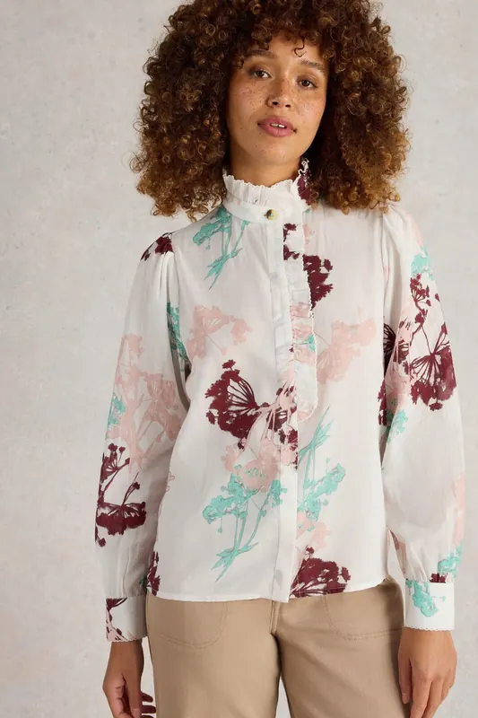 White Stuff Pauline Frill Neck Top Ivory Multi Maat: 24 | Longsleeves Outlet | Dames | Grijs