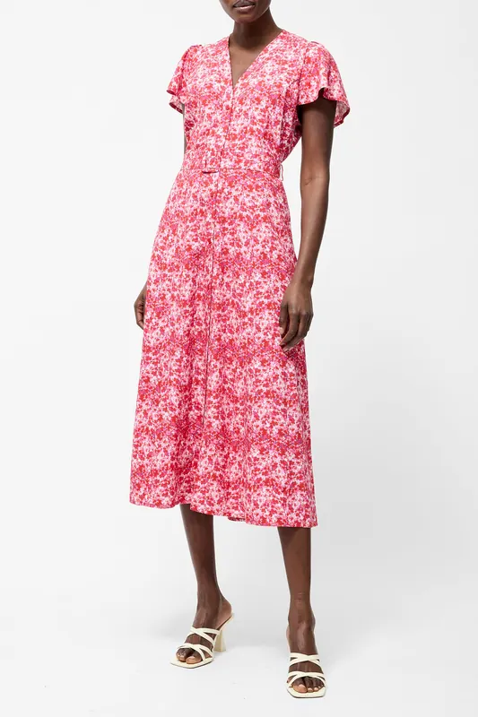 French Connection Cass Belted Midi Dress Red Multi Maat: 12 | Midi Jurken Outlet | Dames | Rood