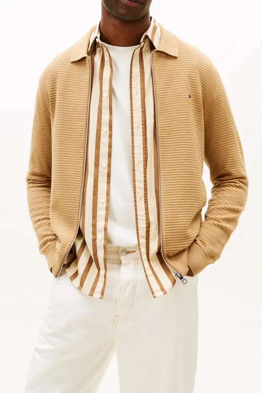 Tommy Hilfiger Seasonal Structure Zip Sweater Safari Canvas Maat: L | Cardigans Outlet | Heren | Beige