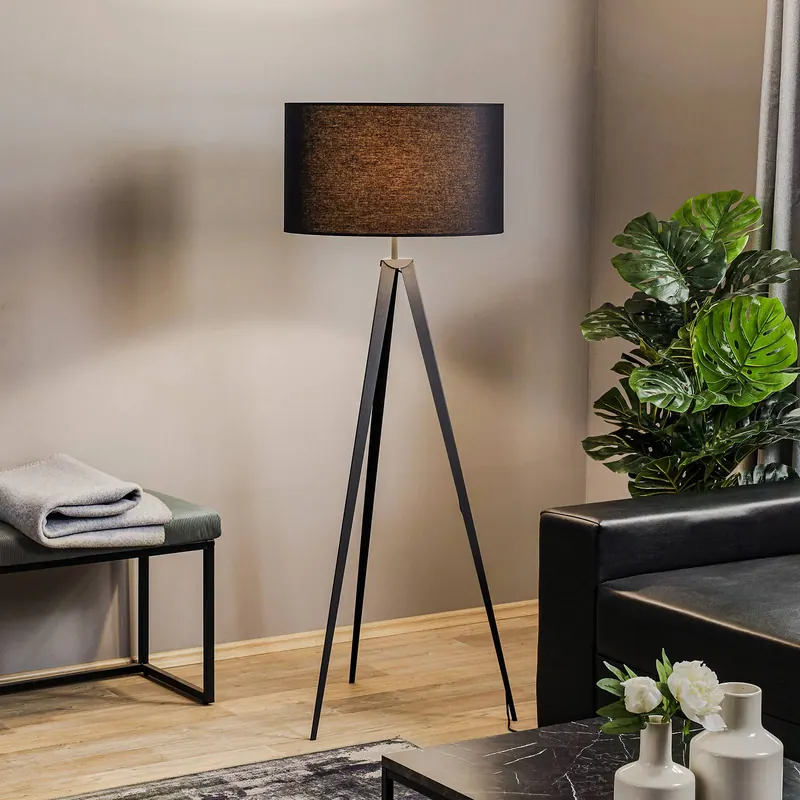 Lampa stojąca Tago, trójnóg, klosz czarny/srebrny