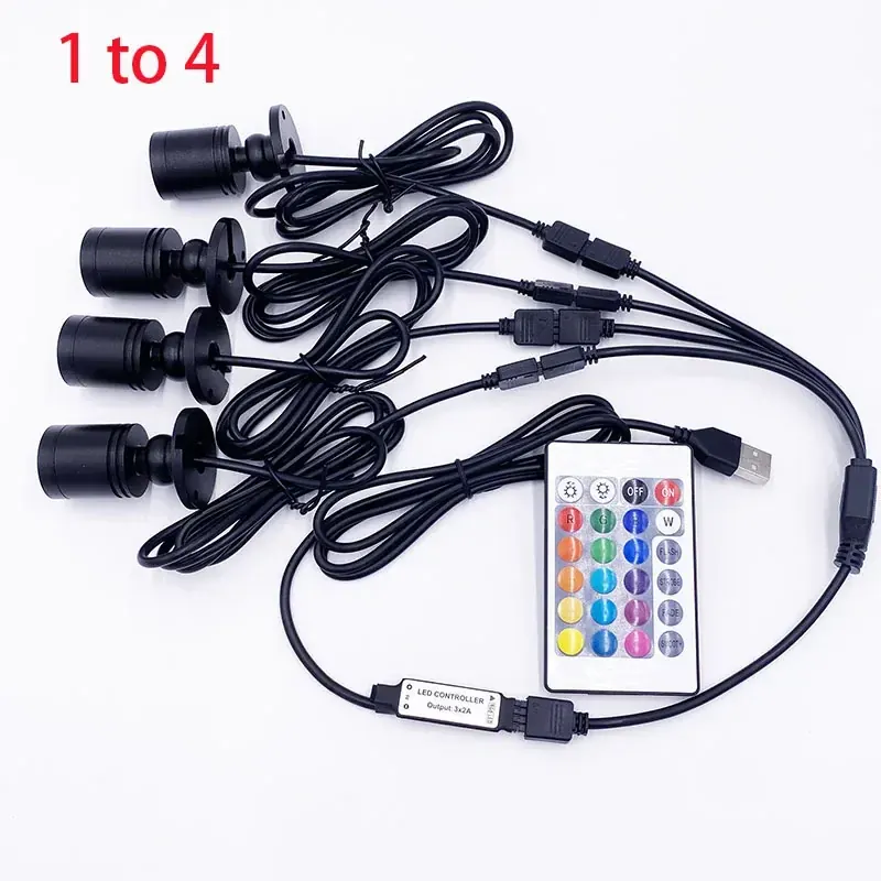 RGB Led Spotlight USB 5V Dimmable Color Mini Wine Cabinet 1W 3W Showcase Pattern Showcase Light Room Decor 1 to 4 Remote Set