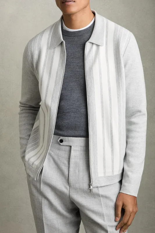 Reiss Ls Zip Through Stripe Knitted Jacket Grey Melange/white Maat: XXL | Lichte Jassen Outlet | Heren | Grijs