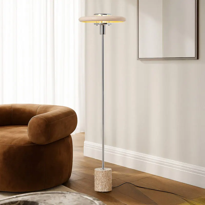 Lindby Lampa stojąca Branford, retro, beżowa, metal/trawertyn