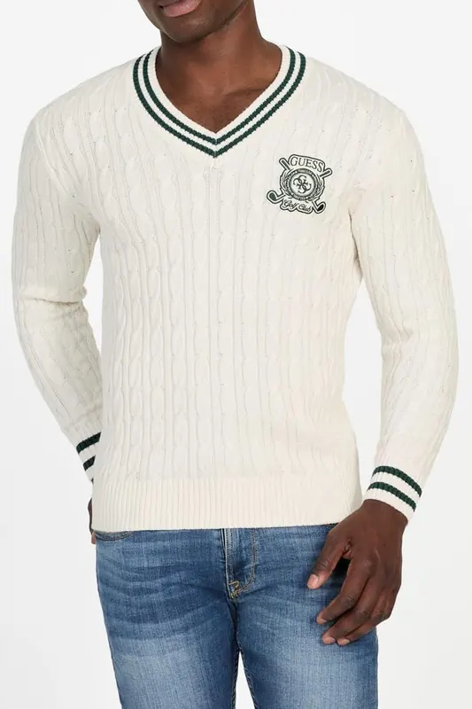 GUESS Hewie V Neck Cable S Salt White Maat: XL | Sweaters Outlet | Heren | Wit