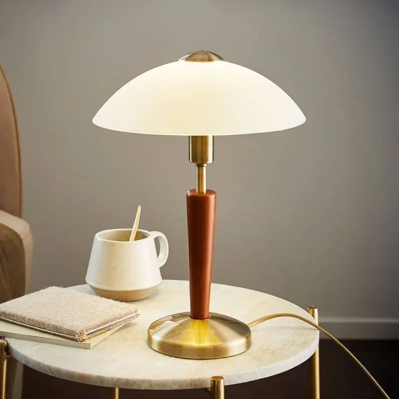Lampa stołowa SOLO 1, oksydowana/orzechowa, wysokość 35 cm metal/szkło