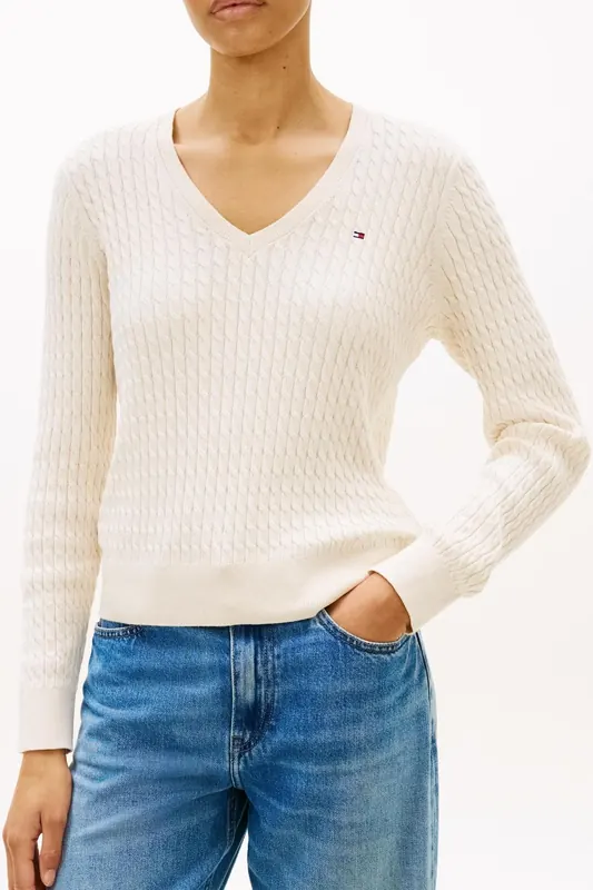 Tommy Hilfiger Co Cable Fine Gg V-neck Heather Ivory Petal Maat: M | Sweaters Outlet | Dames | Ecru