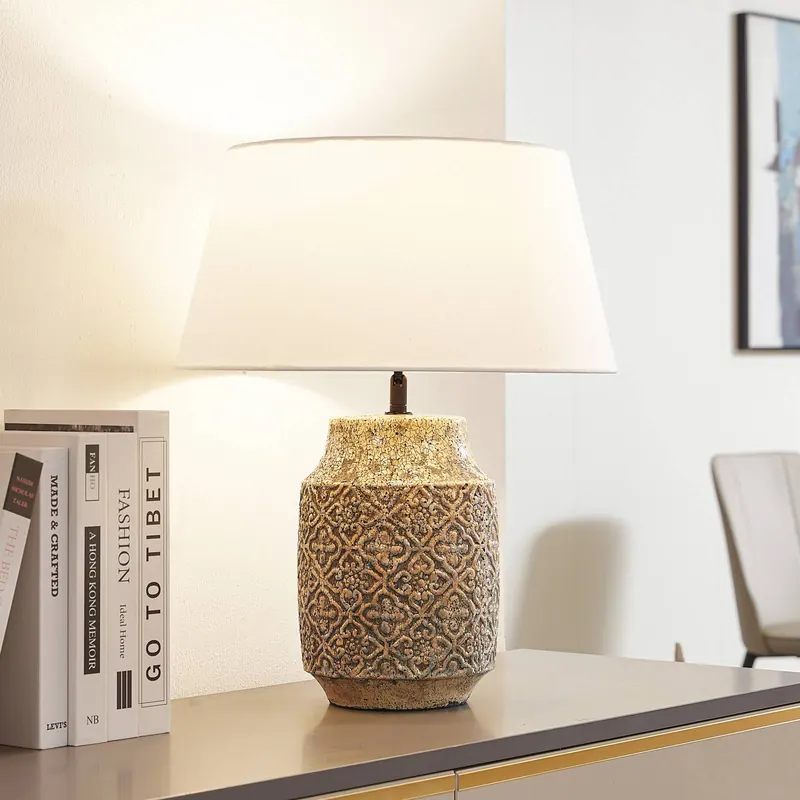 Lampa stołowa Lindby Aelith, Ø 40 cm, brązowa, ceramiczna, E27