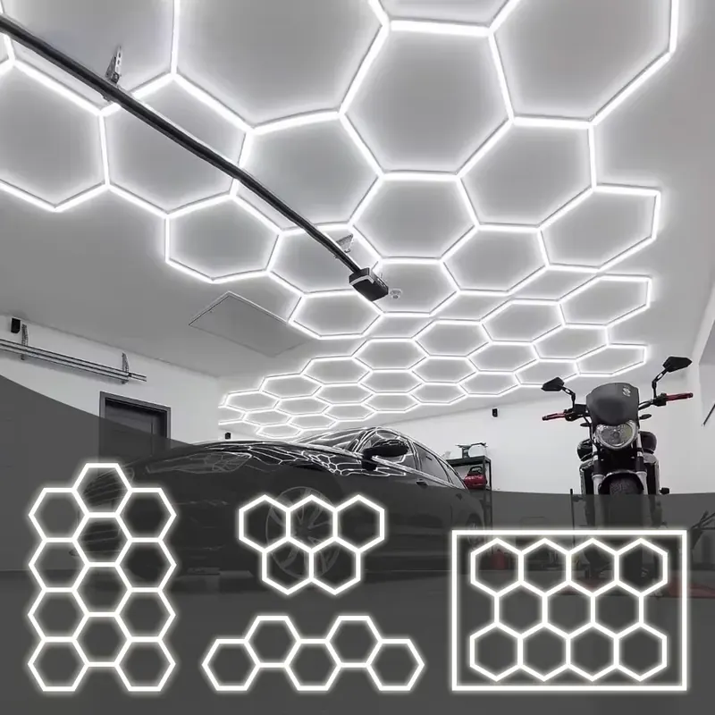 Sześciokątne oświetlenie LED typu plaster miodu do sufitu, komercyjne oświetlenie sześciokątne w formie rur do garażu, warsztatu, detailingu samochodowego, salonu 4S, salonu fryzjerskiego, siłowni.
