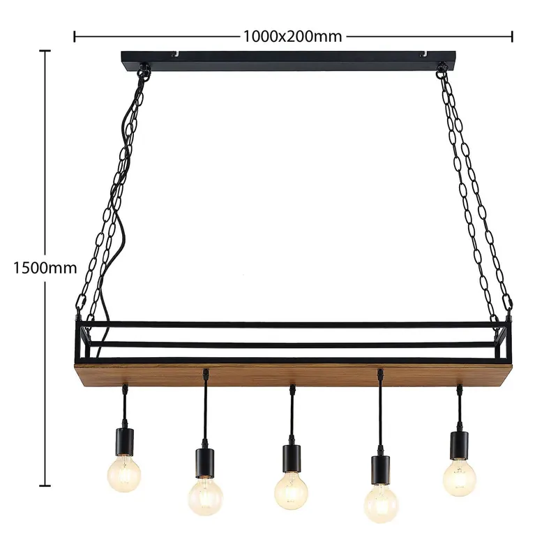 Żyrandol Lindby Kirista, 5-punktowy, czarna/drewniana, 100 cm, E27