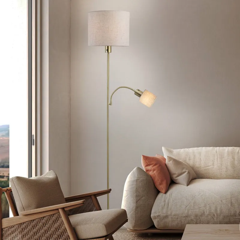 Lampa podłogowa Filomena, beżowa/mosiężna, tekstylna, z ramieniem do czytania,