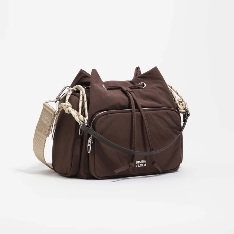 Torebka bucket Pocket średnia nylon ciemnobrązowa