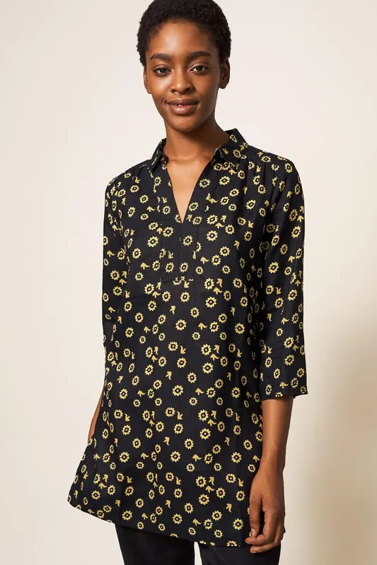 White Stuff Blaire Linen Tunic Black Multi Maat: 6 | Longsleeves Outlet | Dames | Geel