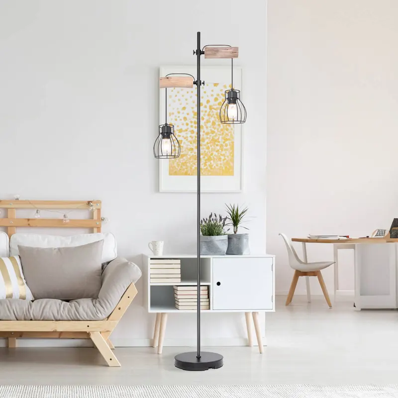 Lampa stojąca Mina, czarny/brązowy, wysokość 168 cm, metal/drewno