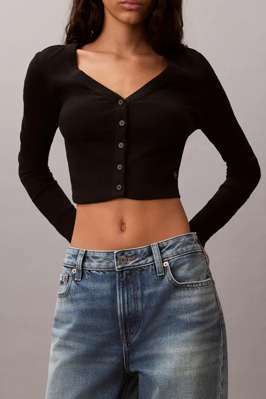 Calvin Klein Ls Woven Label 2x2 Top Black Maat: S | Longsleeves Outlet | Dames | Zwart