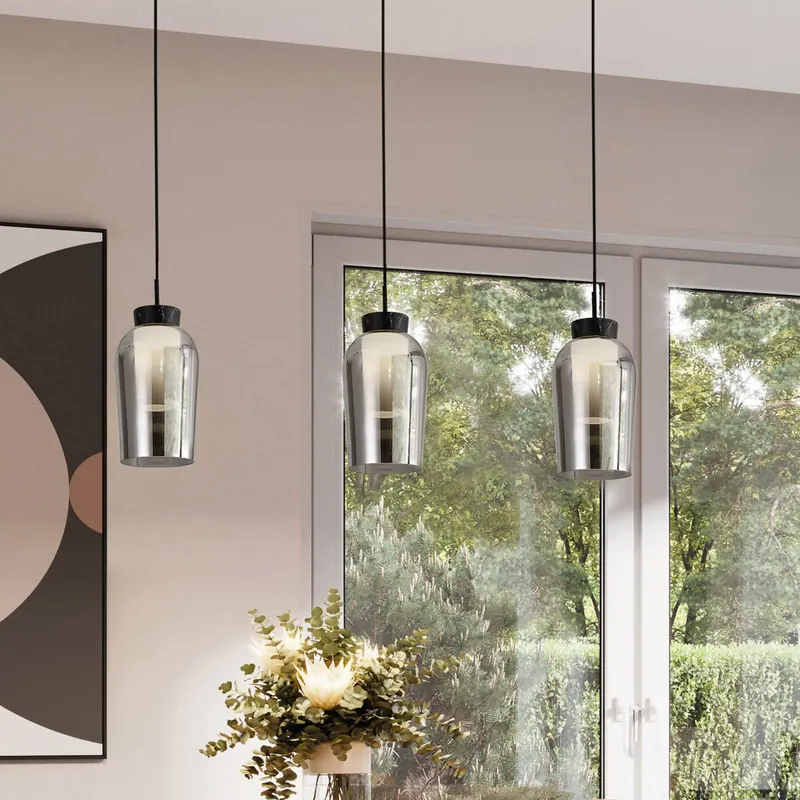 Lampa wisząca Nora, czarny, chrom, 3-punktowa, belka, szkło