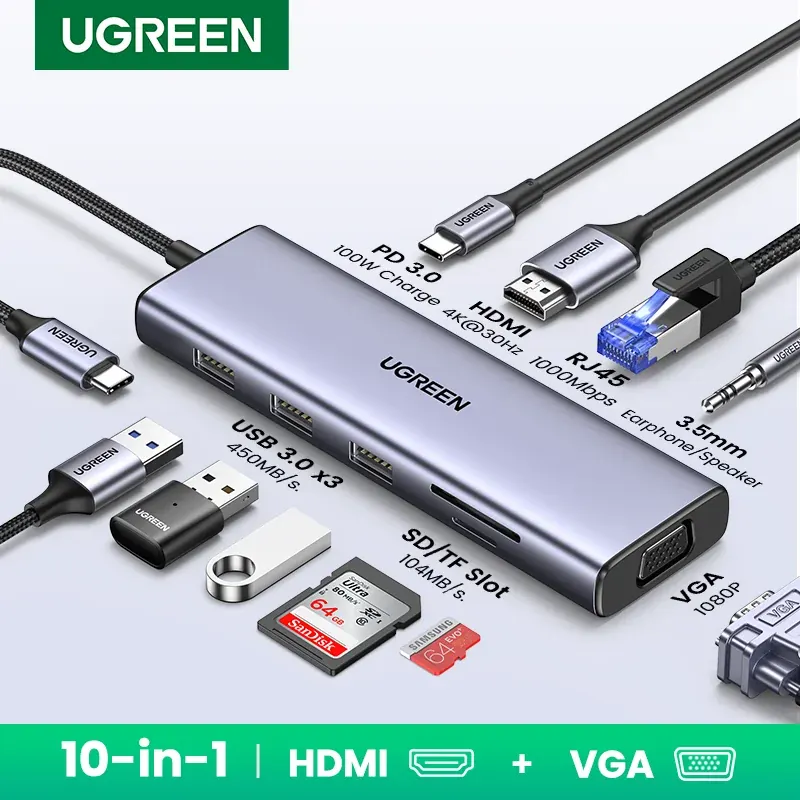 UGREEN USB HUB Type-C do 4K HDMI VGA RJ45 PD100W 3.5mm SD&TF USB3.0 Splitter do MacBook Laptop Steam Deck Stacja dokująca USB-C