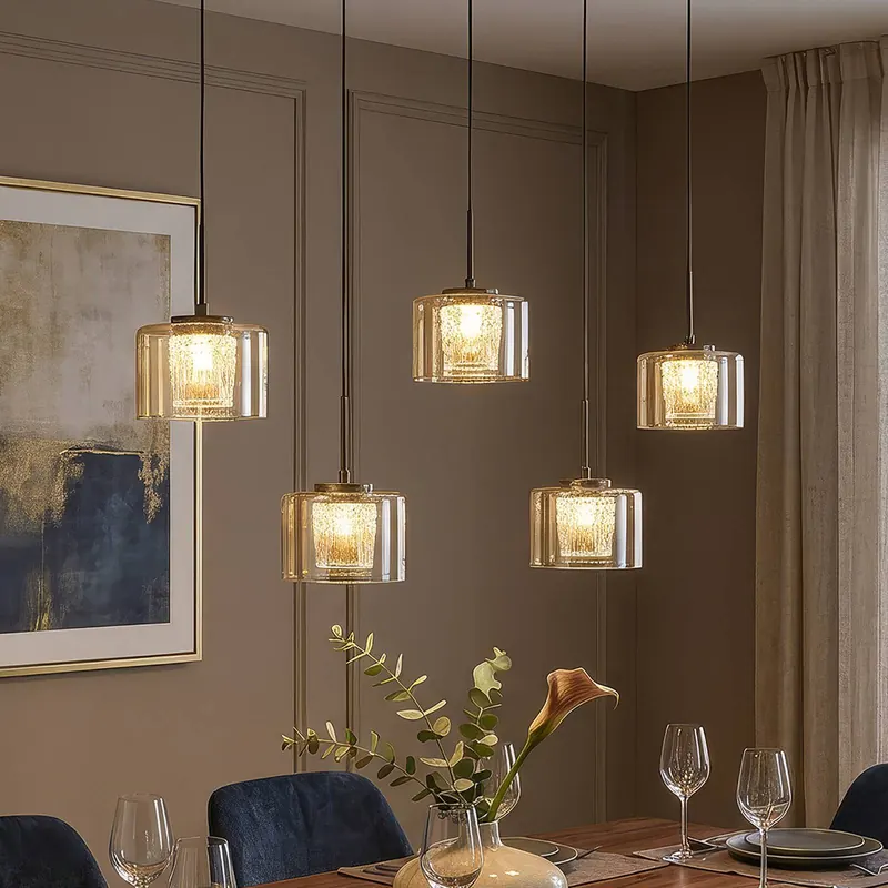 Żyrandol LED „Tumblers”, 5-punktowy, długi, brązowy, szkło, 3 000 K
