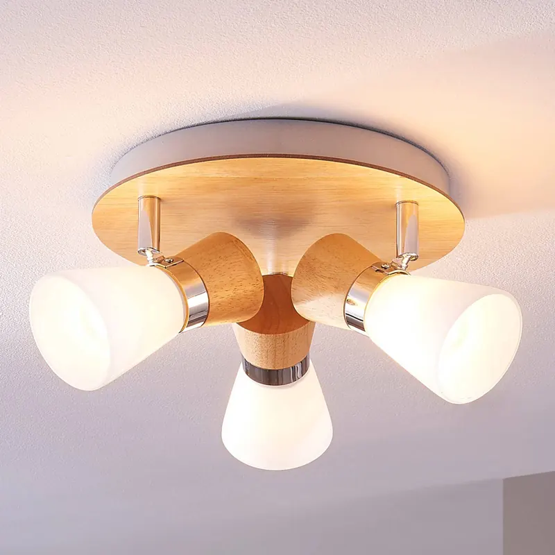 Lampa sufitowa Lindby Vivica, Ø 26 cm, chrom/drewno, 3-punktowa