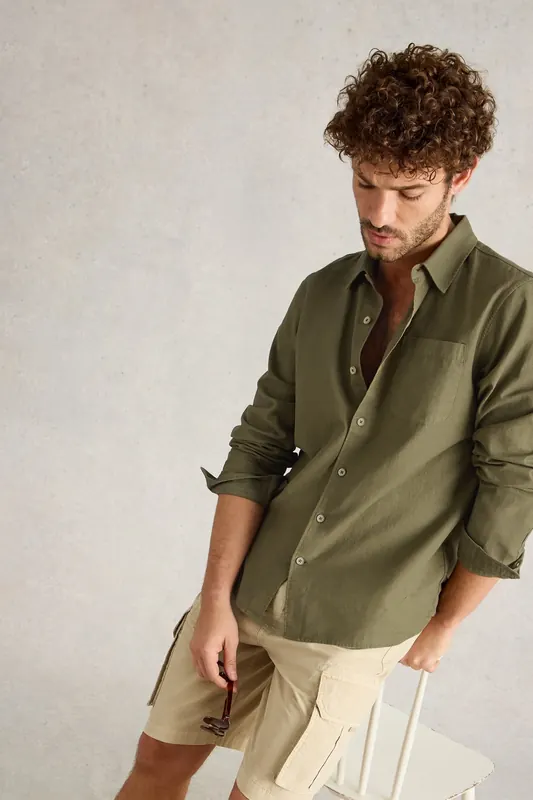 White Stuff Ely Linen Cotton Ls Shirt Khaki Green Maat: XXL | Casual Overhemden Outlet | Heren | Bruin