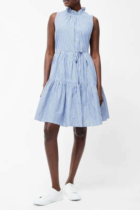 French Connection Tiered Stripe Poplin Dress S Blue/white Maat: 14 | Blousejurken Outlet | Dames | Blauw