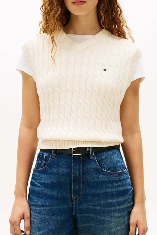 Tommy Hilfiger Cotton Cable Mid V-neck Calico Maat: S | Truien Outlet | Dames | Wit