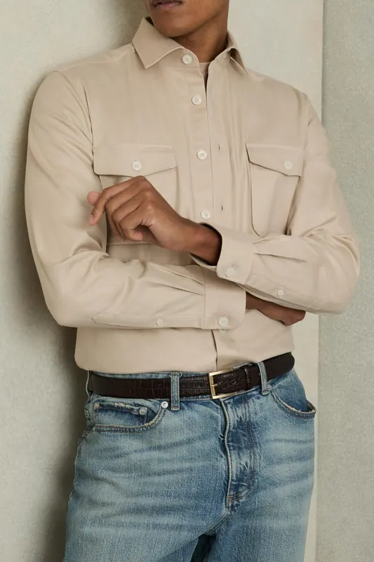 Reiss Ls Twin Pocket Textured Overshirt Stone Maat: XL | Longsleeves Outlet | Heren | Beige