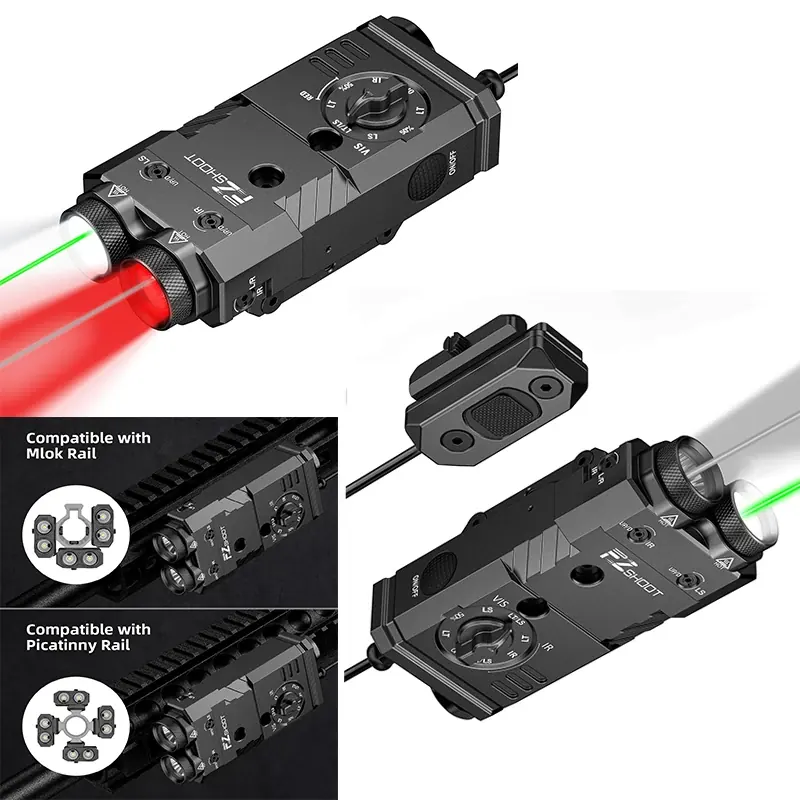 Latarka karabinowa EZshoot 1600 lumenów / Iluminator czerwony lub IR z laserem zielonym/IR 4-w-1, kompatybilna z szynami Picatinny i M-Rail