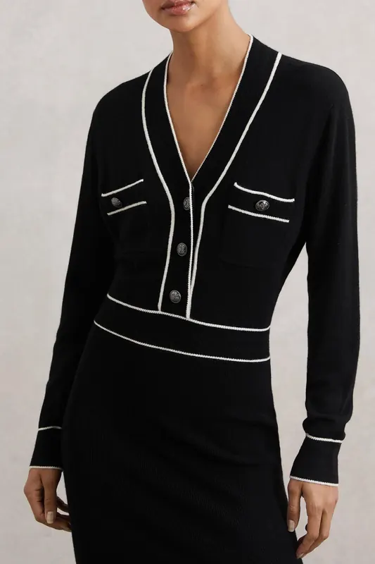 Reiss Button Front Knitted Midi Dress Black/ivory Maat: M | Midi Jurken Outlet | Dames | Zwart