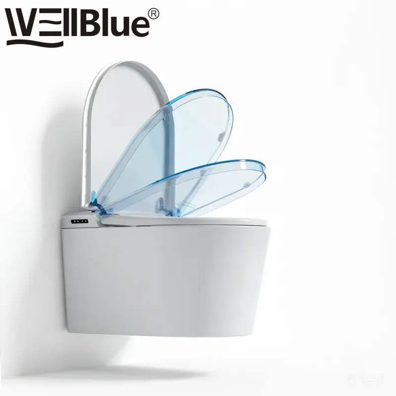 Inteligentna toaleta wisząca WELLBLUE ze sterowaniem pilotowym, podgrzewanym siedziskiem, automatycznym spłukiwaniem syfonowym, wbudowanym zbiornikiem, bezramkowa toaleta bidetowa do łazienki.