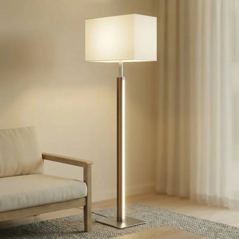 Lampa stojąca LED Quitani Lisene, orzech/srebro/naturalny, 162 cm, ściemniana