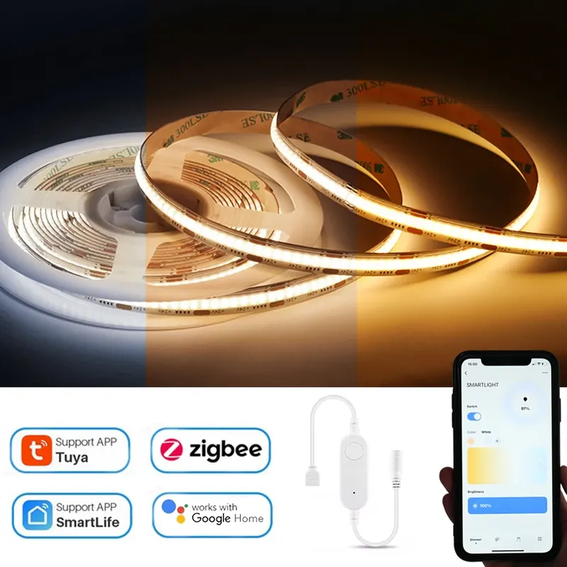 Tuya Zigbee COB CCT LED Strip Light 12V 2m 3m 5m 10m Elastyczna ściemnialna lampa dekoracyjna do szafy dla Alexa Google Assistant