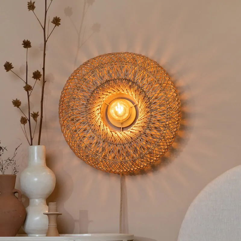 GOOD & MOJO Lampa ścienna Arizona, naturalna, Ø 50 cm Bambus Wtyczka