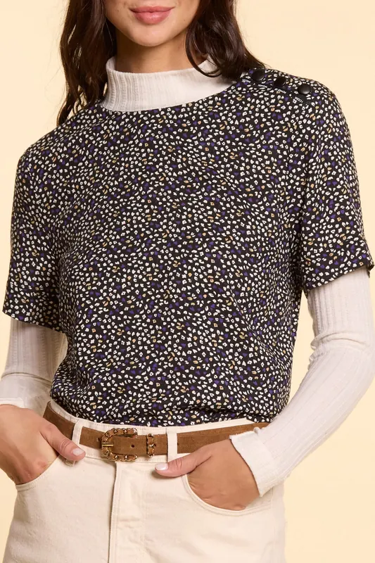 ICode Black Top With Micro Floral-leopard Print Maat: XS | Blouses Outlet | Dames | Zwart