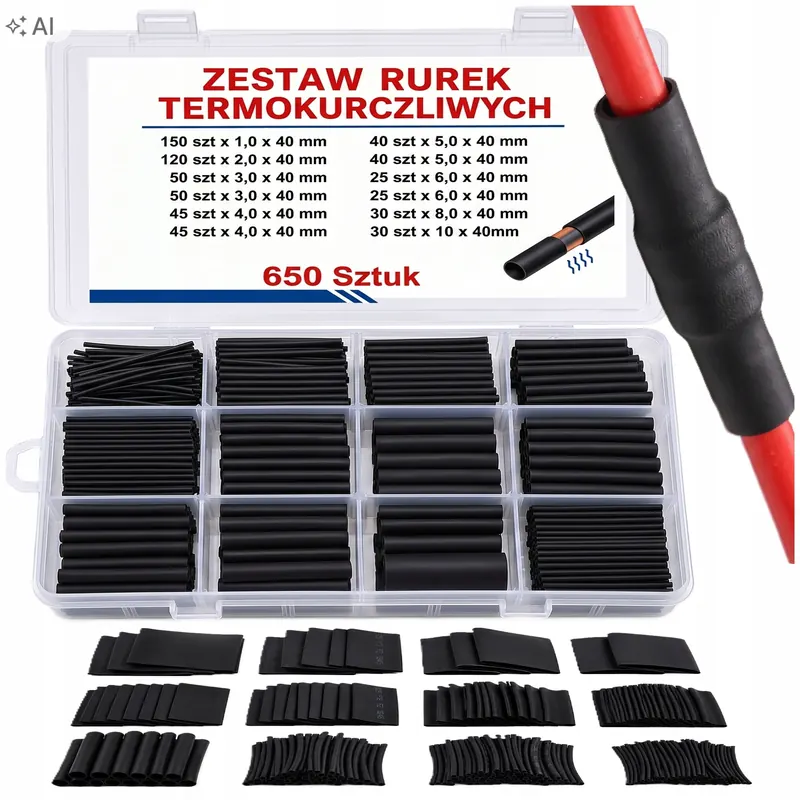 Zestaw Rurek Rurki Termokurczliwe Koszulki Czarne 650 Szt
