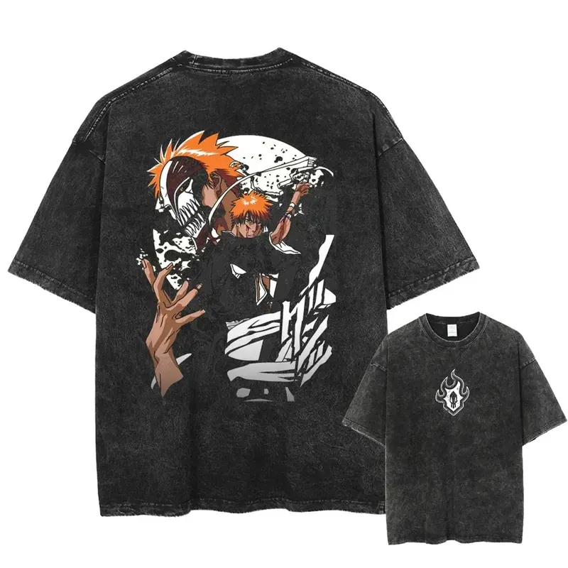 Zestaw koszulek Bleach Ichigo Kurosaki Męskie Vintage Sprane Bawełniane Koszulki z Krótkim Rękawem Lato 2025 Grafika Anime Koszulki z Maską Hollow