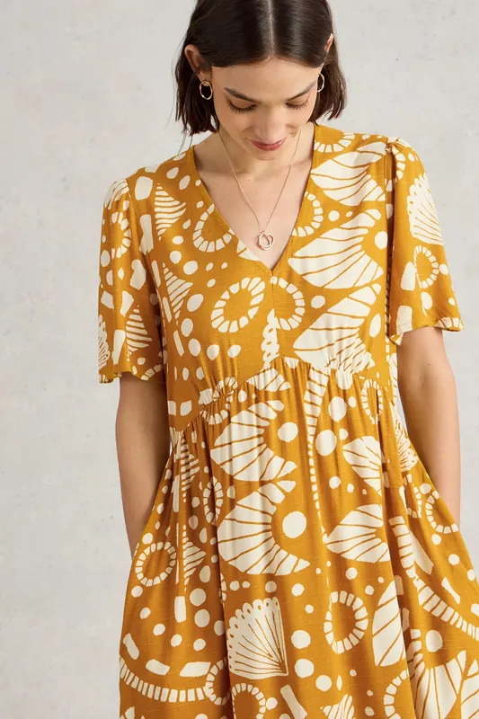 White Stuff Lucy Midi Dress Chartreuse Print Maat: 6 REGULAR | Midi Jurken Outlet | Dames | Bruin