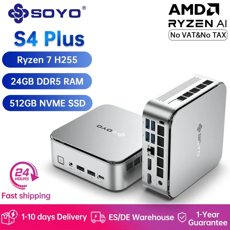 SOYO S4 Plus Mini PC AMD Ryzen 7 H255 CPU 24G DDR5 RAM (do 64GB) 512GB SSD PCIE3.0 NVME WIFI6 BT5.2 Komputer do gier z obsługą 4K@120Hz