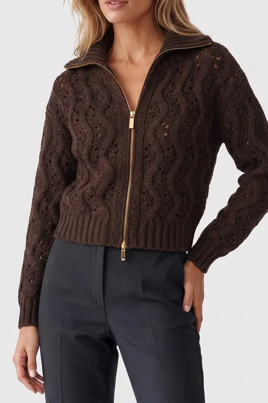 GUESS Adenora Zipped Cardi Chocolate Brownie Mu Maat: XS | Sweaters Outlet | Dames | Bruin